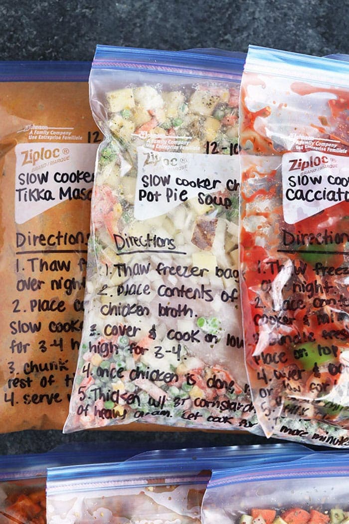 freezer meals in bags on countertop