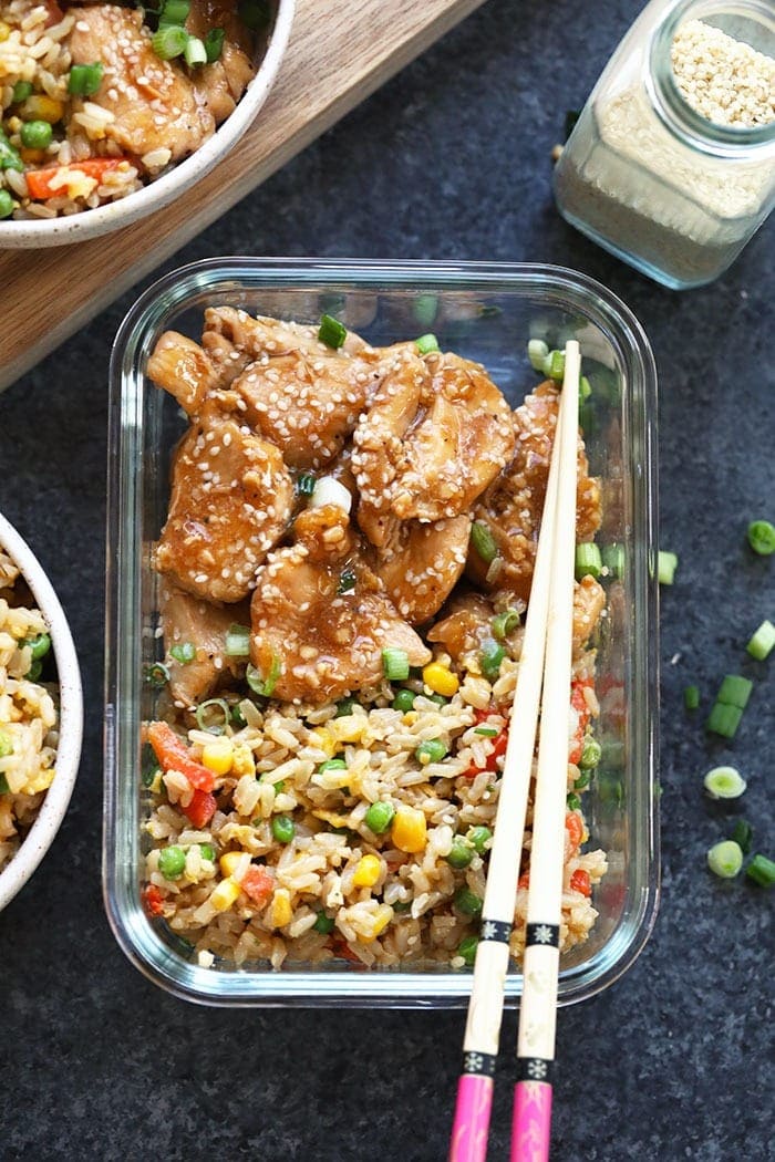 healthy fried rice in a meal prep container