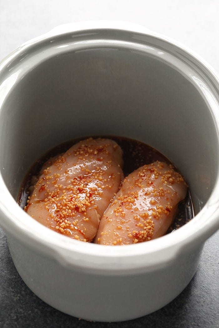 Chicken breast and other ingredients in a slow cooker. 