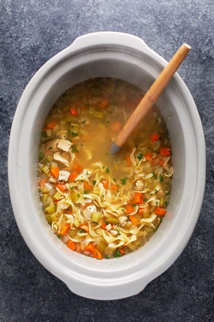 chicken noodle soup crock pot with spoon