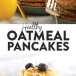 Banana oatmeal pancakes with a twist of orange juice.