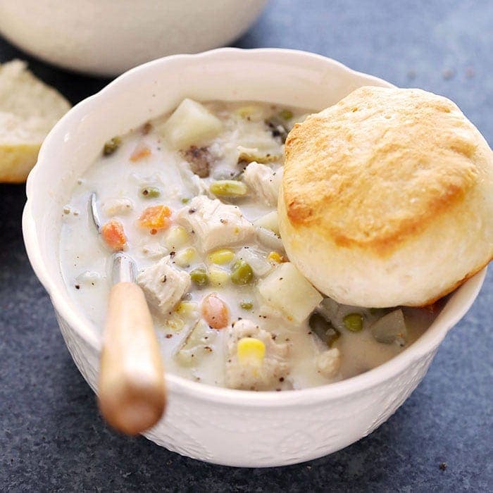 Slow Cooker Chicken Pot Pie Soup via Fit Foodie Finds