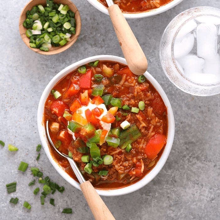 A bowl of Instant Pot Stuffed Pepper Soup