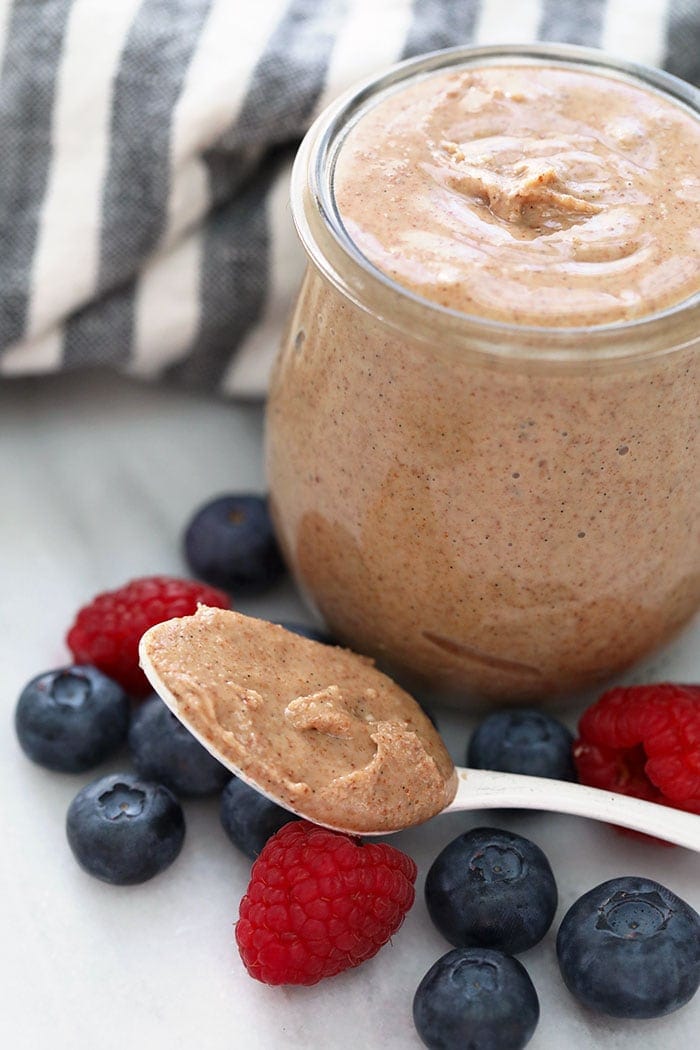 vanilla bean almond butter in a jar