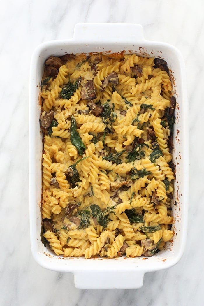 vegan pasta bake with white wine pasta sauce in a casserole dish