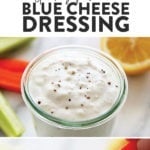 A picture of a bowl of blue cheese dressing with a spoon in it.