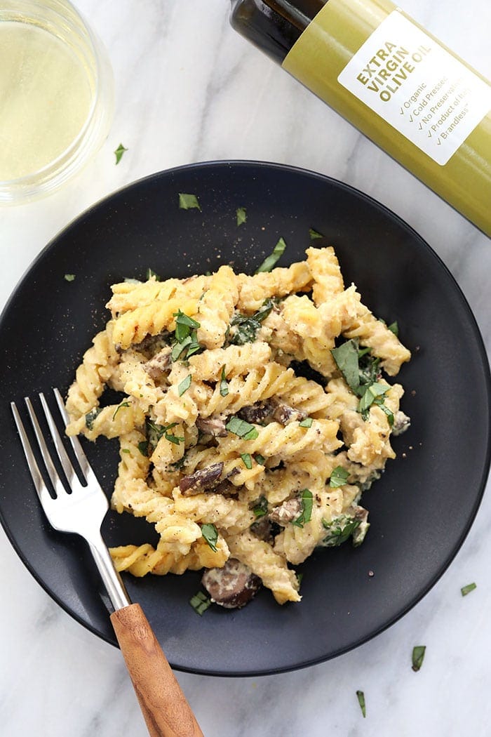 vegan pasta with white wine pasta sauce on a plate