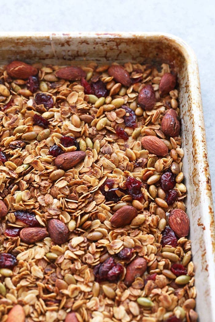 Granola on a baking sheet