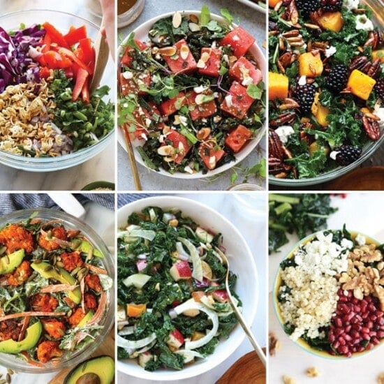 A compilation of kale salad pictures showcasing various recipes.