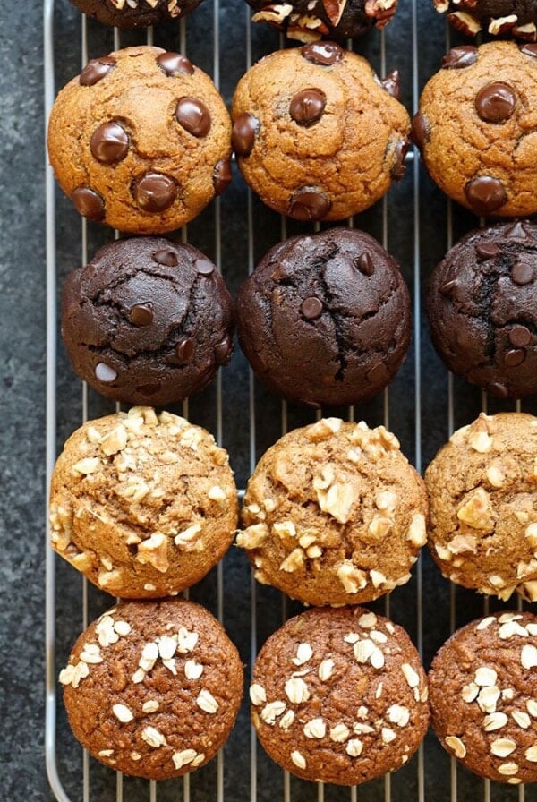 a rack of healthy muffins with chocolate chips and oats.