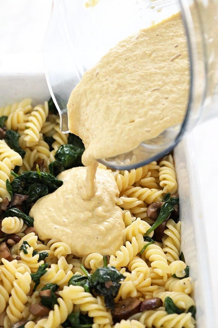 vegan pasta with white wine cheese sauce in a casserole dish