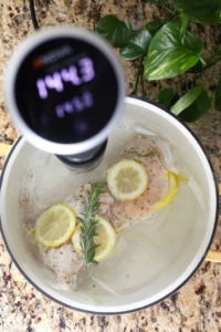 sous vide chicken in pot of water.