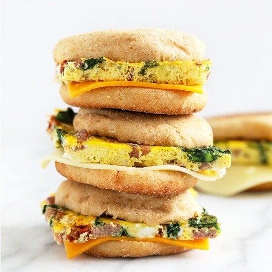 photo of stacked breakfast sandwhiches