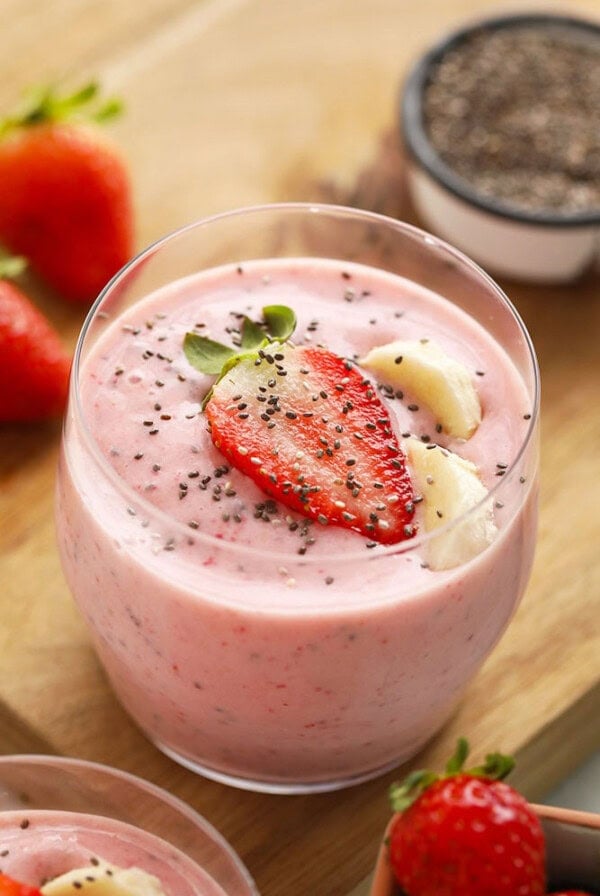 Creamy Strawberry Chia Seed Smoothie in glass