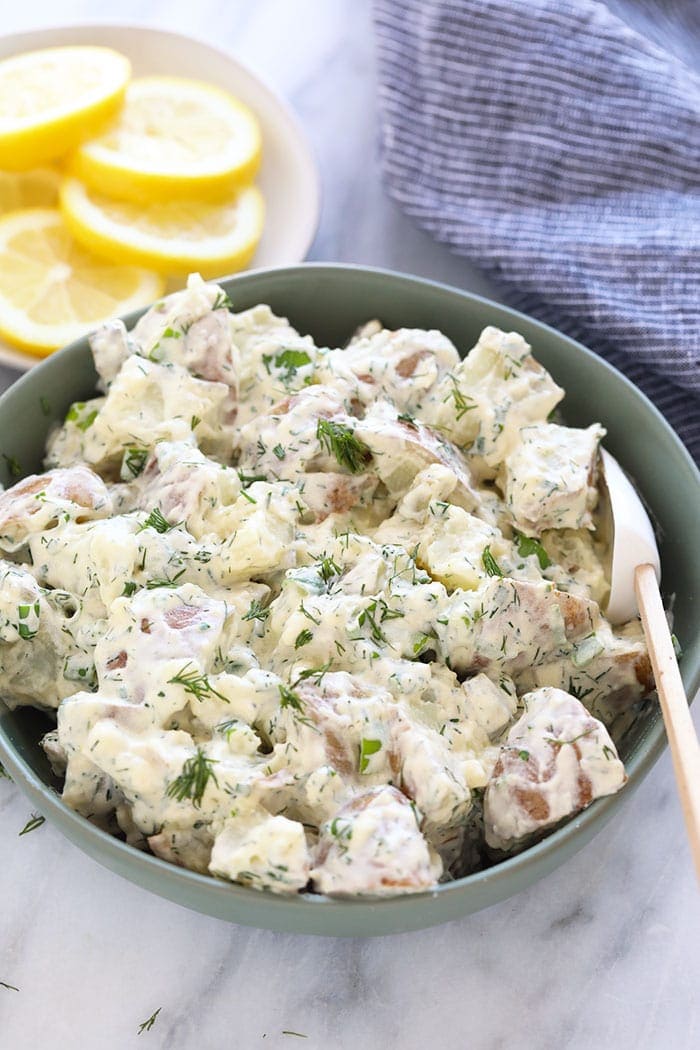 A bowl of vegan potato salad ready to be served