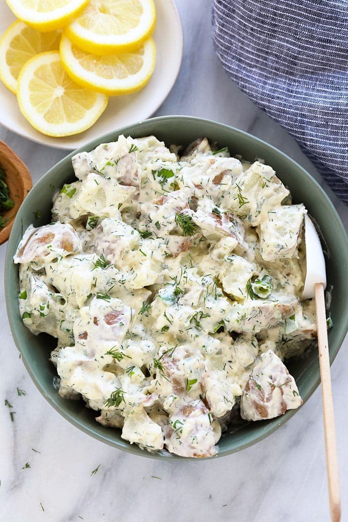 A bowl of vegan potato salad