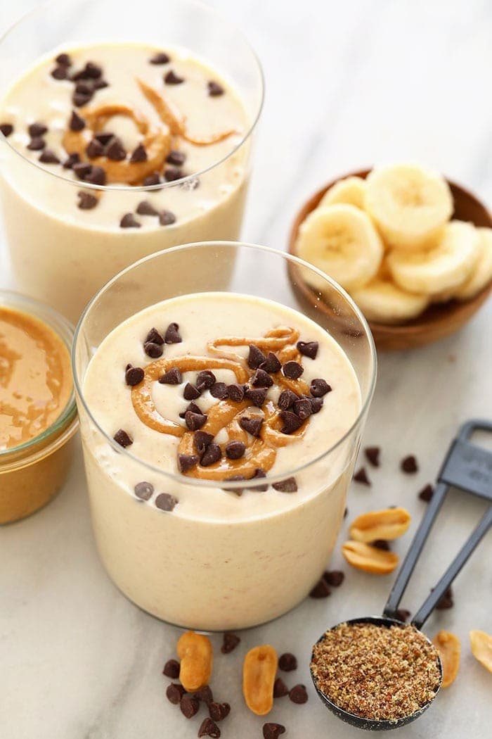 peanut butter banana smoothie in glass.