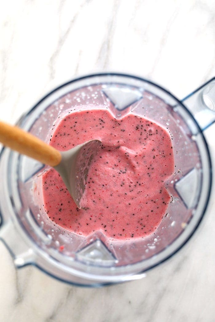 Creamy Strawberry Chia Seed smoothie in a vitamix