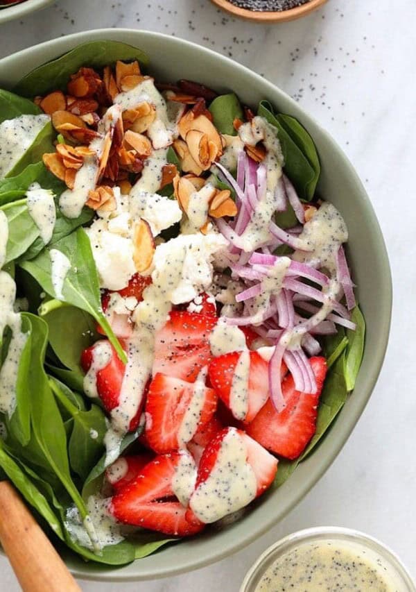 strawberry spinach salad in a bowl