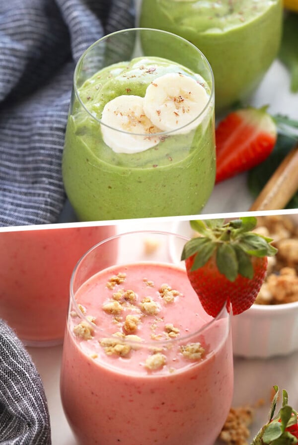 Four smoothie recipes with fruit and granola.