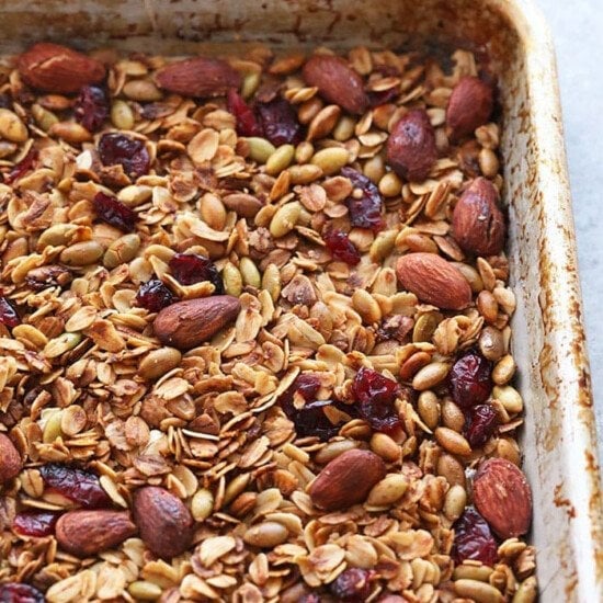 Healthy granola recipe with nuts and cranberries.