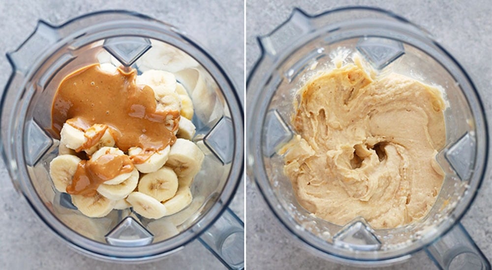 peanut butter banana nice cream ingredients in a blender