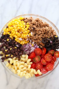 taco pasta salad in bowl.