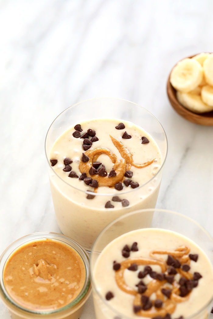 Peanut Butter Banana Smoothie in glass.