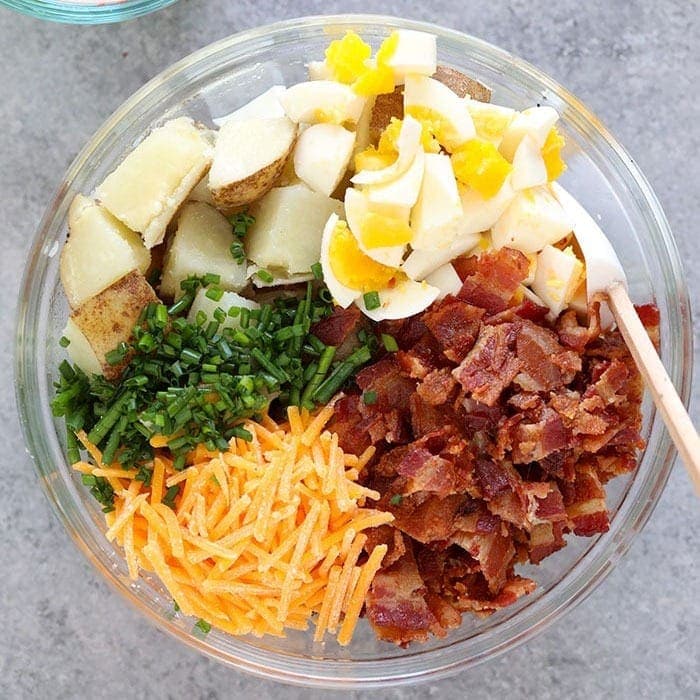 baked potato salad ingredients in bowl