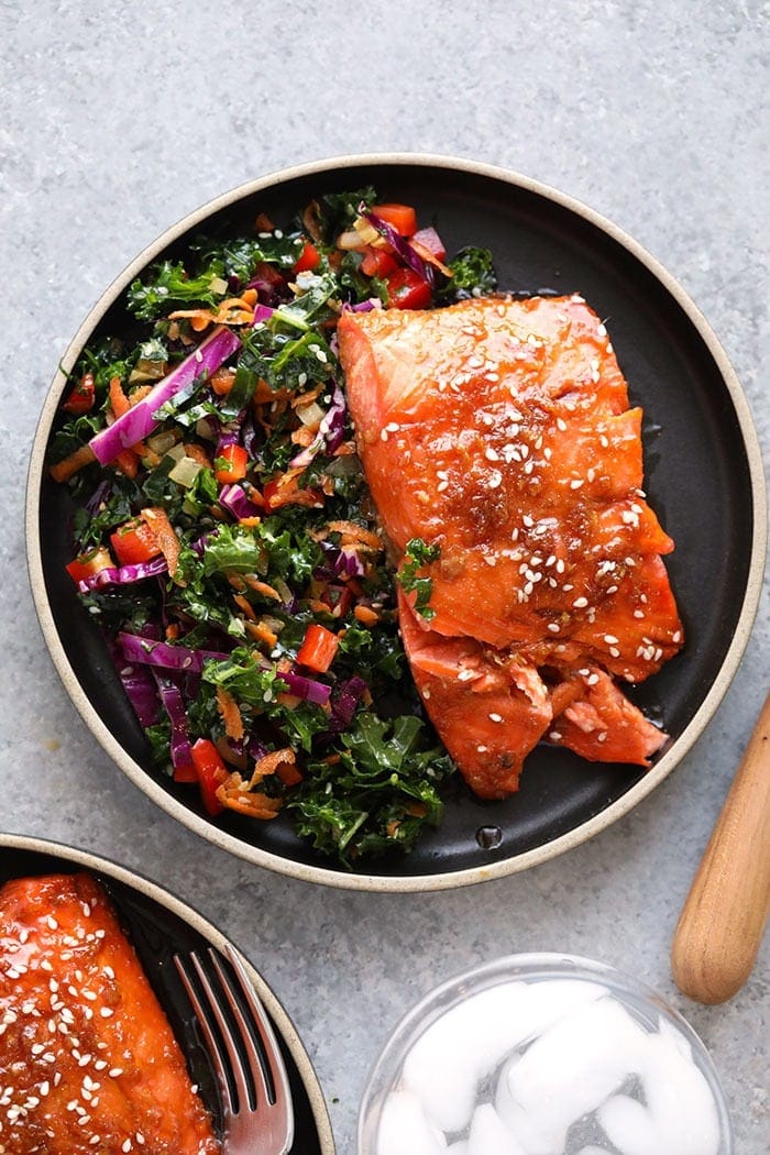 maple ginger baked salmon on a plate