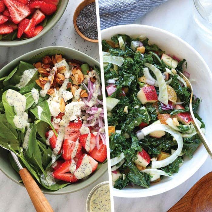 two photos of healthy spring salads