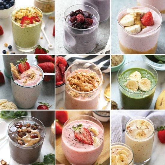 A collection of smoothie recipes featuring berries, bananas, and granola.