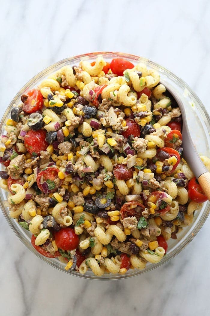Healthy Taco Pasta Salad in large bowl.