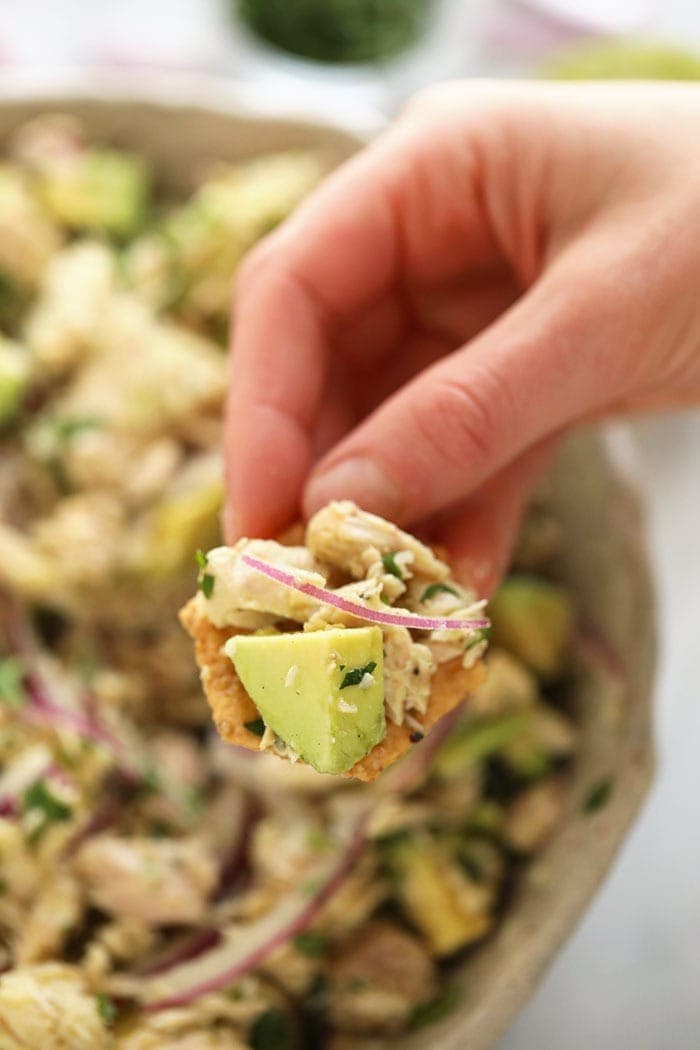 avocado tuna salad on a cracker