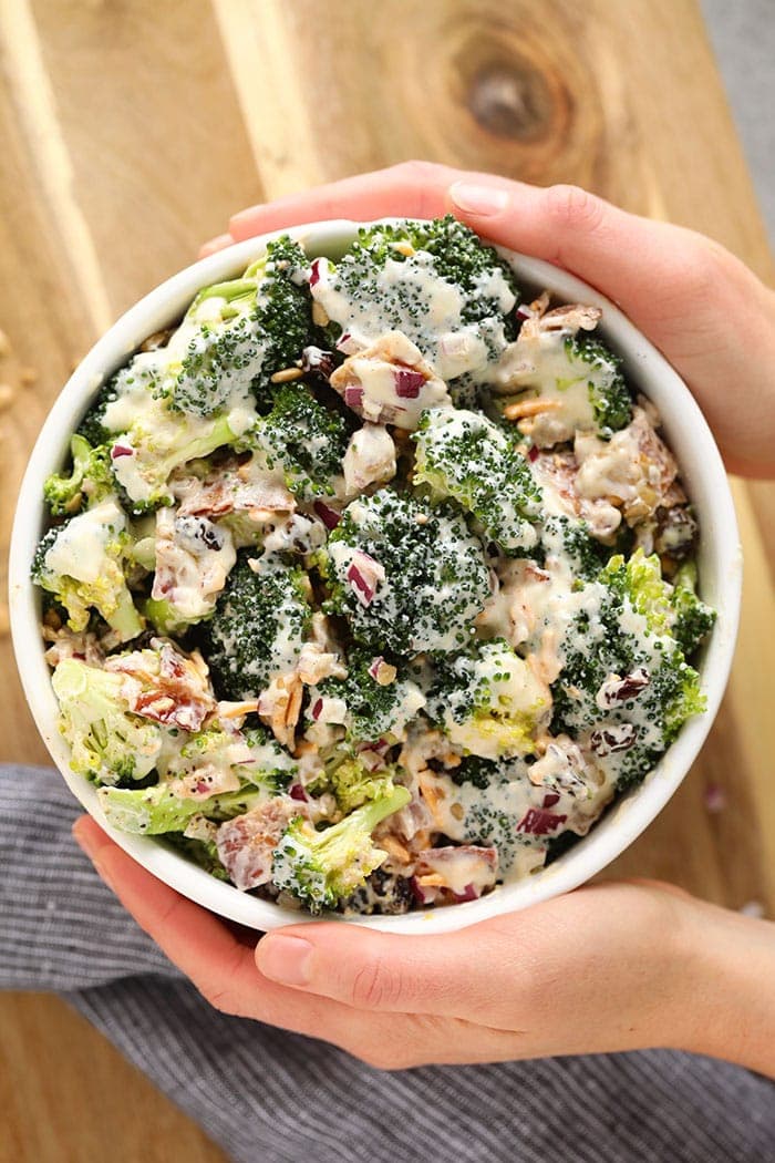 A bowl of broccoli salad.
