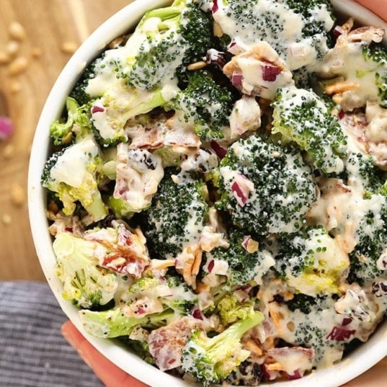 broccoli salad in bowl.