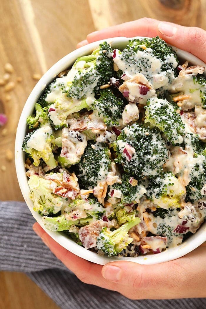 A bowl of healthy broccoli salad