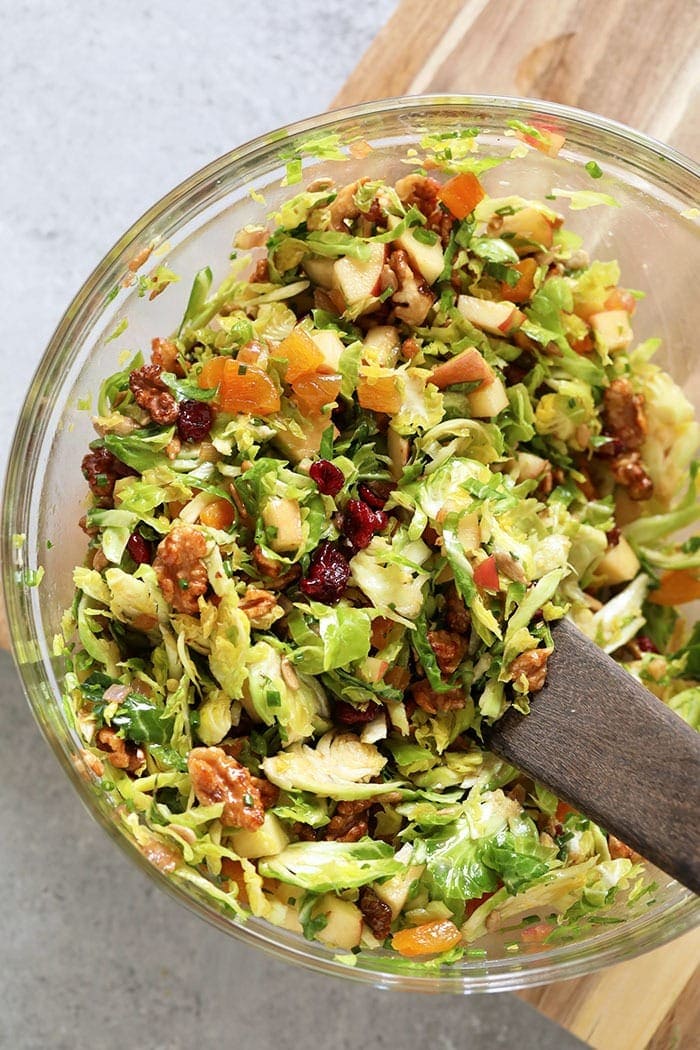 shaved brussels sprout salad in a bowl