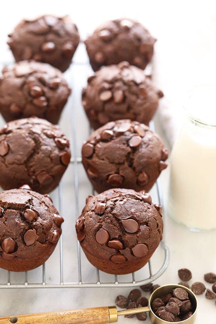 healthy chocolate muffins cooling on a rack