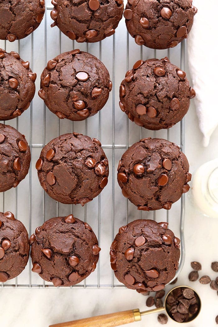 healthy chocolate muffins on a cooling rack
