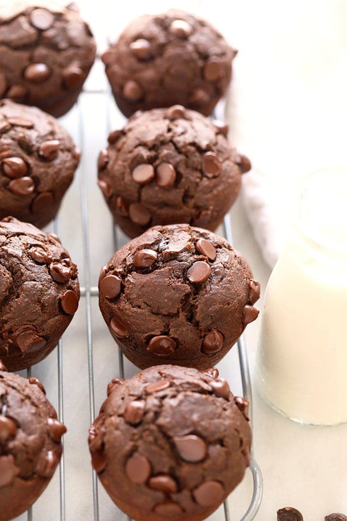 healthy chocolate muffins on a cooling rack