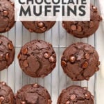 Healthy chocolate muffins displayed on a cooling rack.