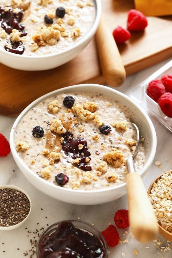 Overnight steel cut oats with spoon