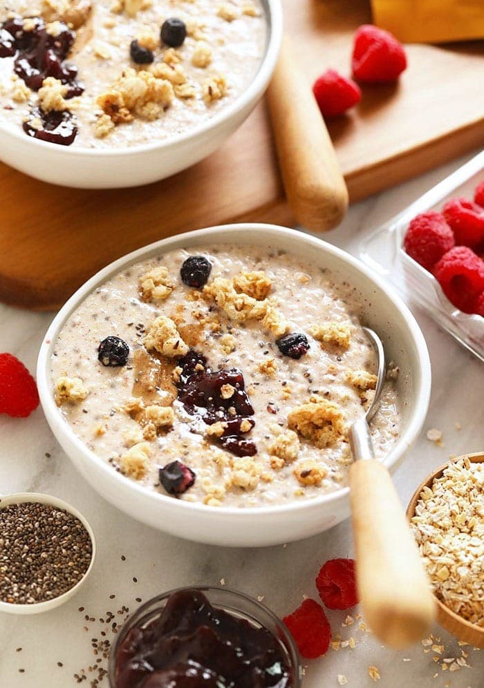 Overnight steel cut oats with spoon