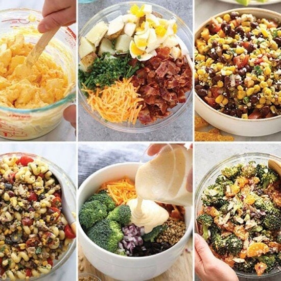 a photo collage of salads