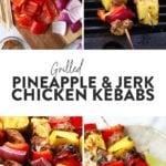 Pineapple and jerk chicken skewers with Caribbean flavors.