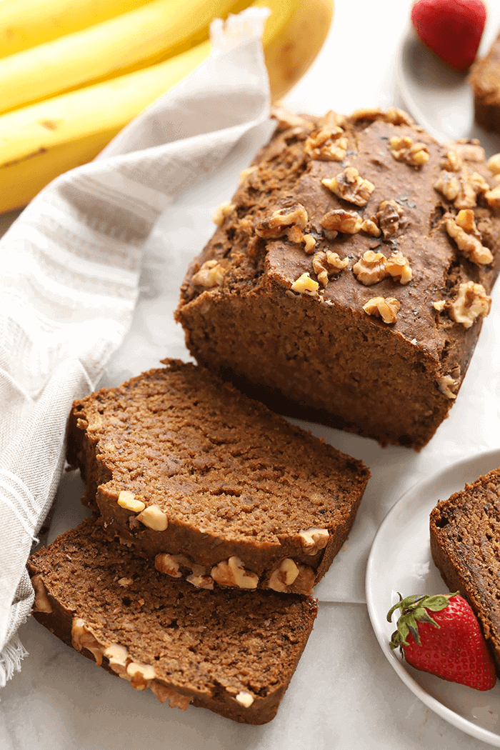 Sliced vegan banana bread.