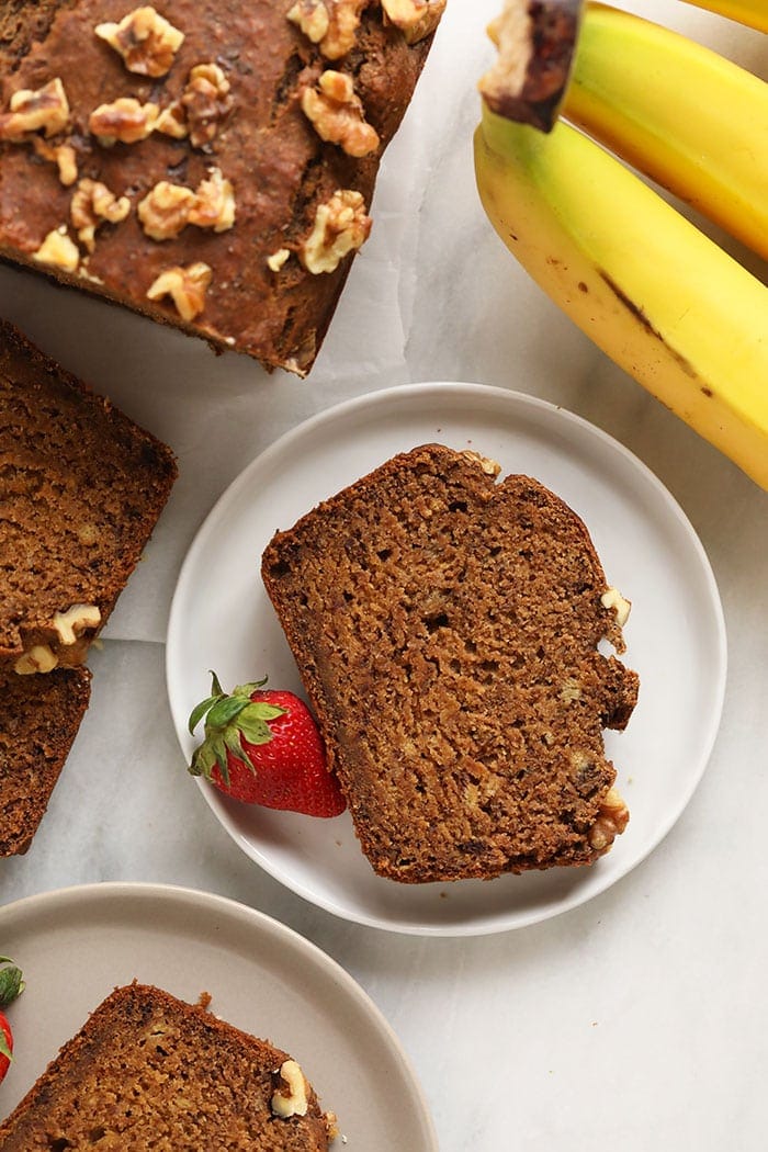 Vegan banana bread on a plate.