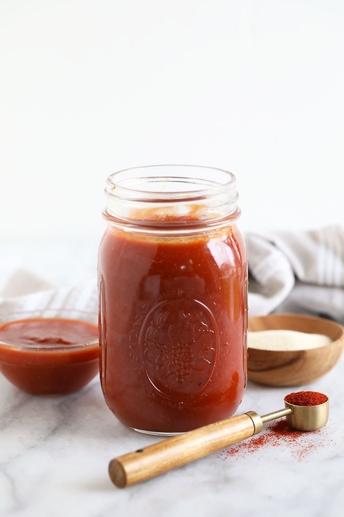 A jar of homemade bbq sauce. 