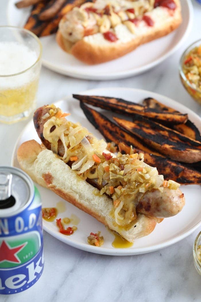 beer brat with toppings